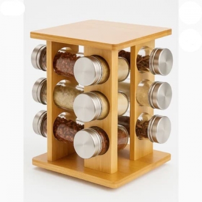 Especiero Cuadrado Giratorio De Bambú (12 Frascos)